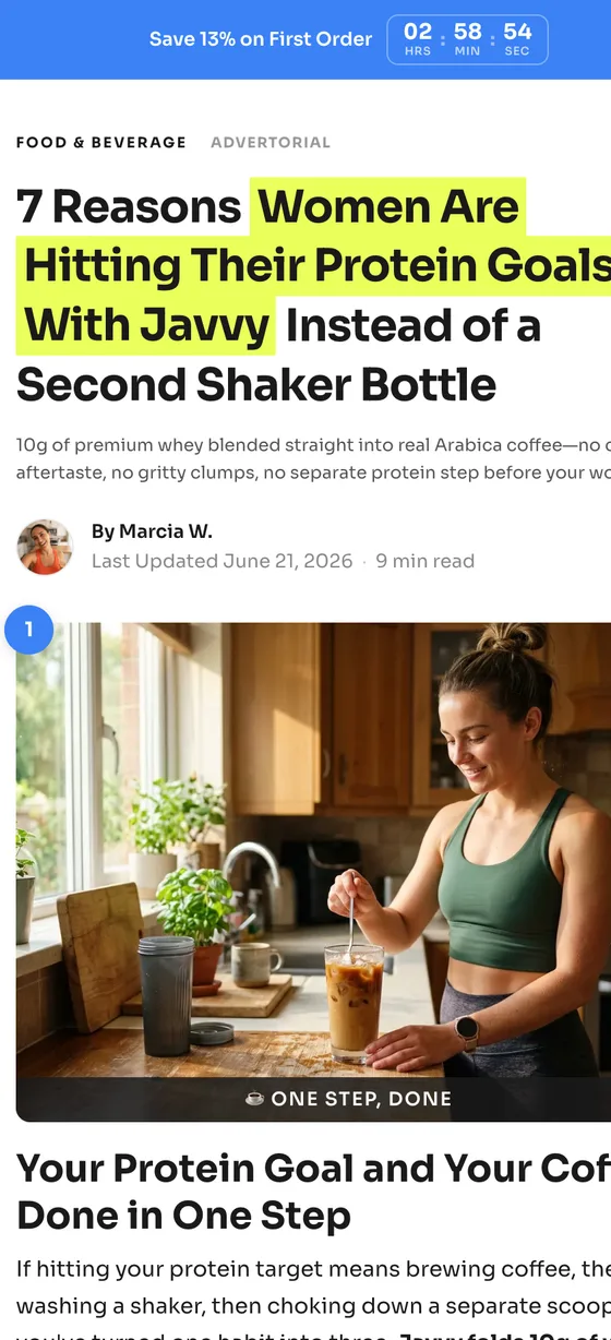 Landra listicle page on a phone — “7 Reasons Women Are Hitting Their Protein Goals…”
