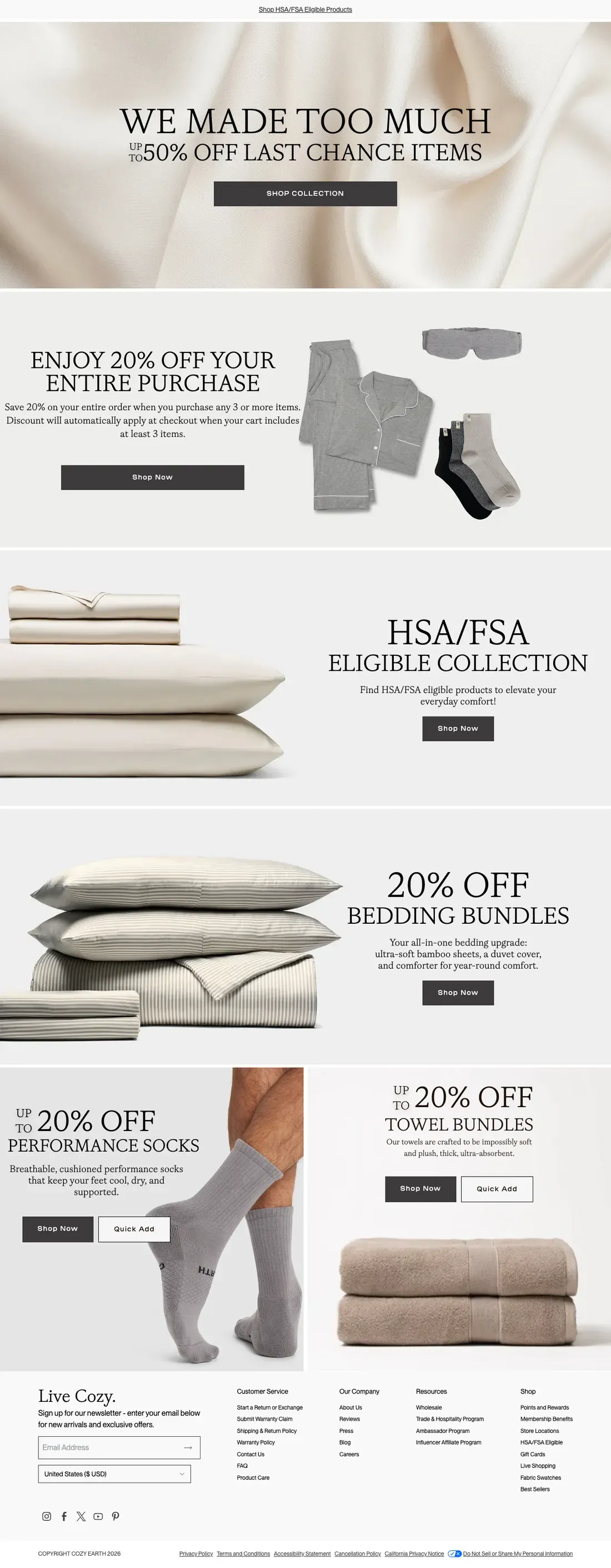 Top of Cozy Earth's landing page
